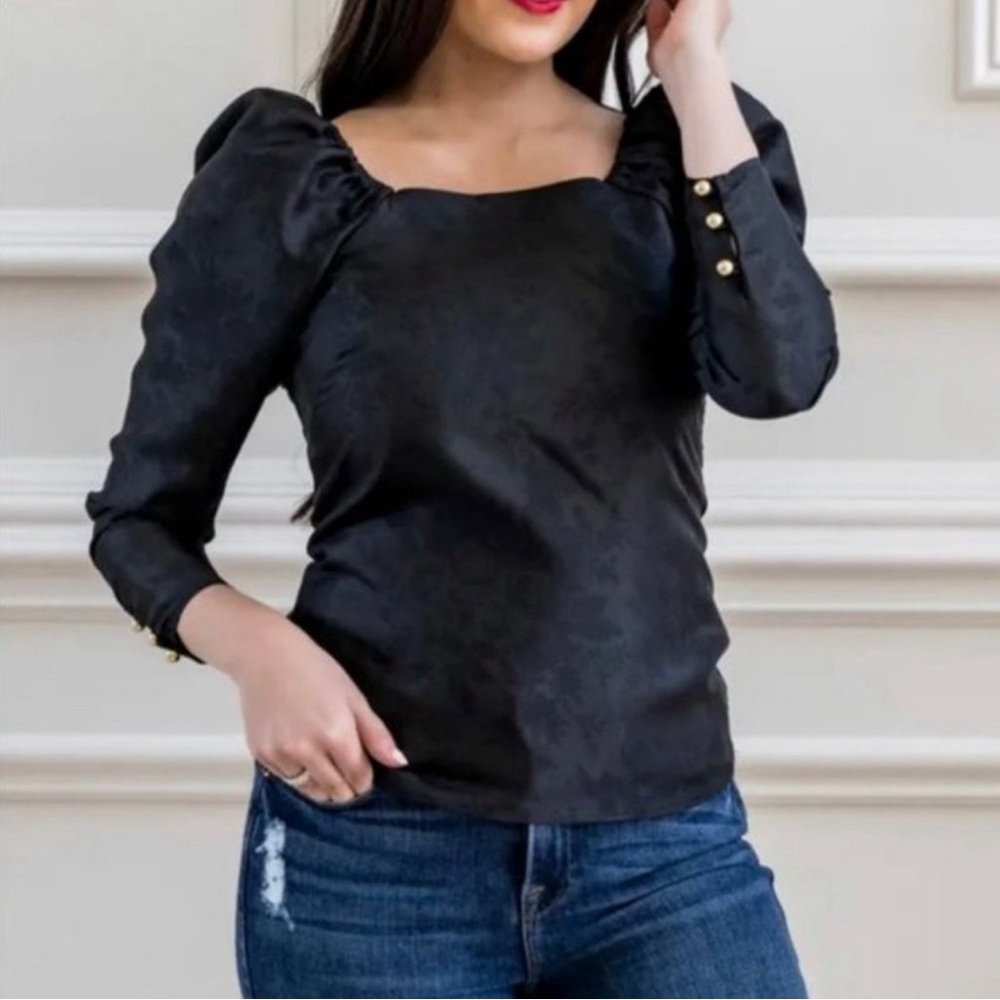 Rachel Parcell Puff Long Sleeve Square Neck Satin Jacquard Blouse Womens Size L